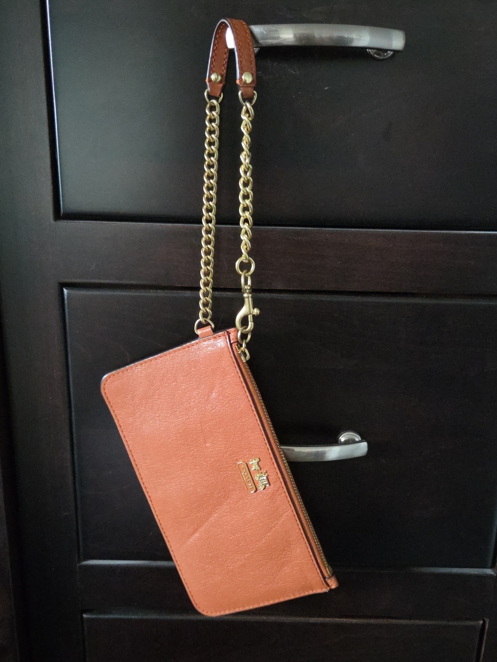 Coach Cognac Saddle Brown Leather Chain Wristlet Wallet With Gold Tone Hardware